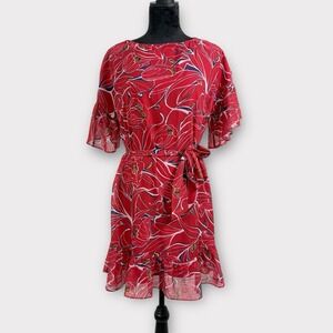 Amanda Uprichard Floral Flutter Sleeve Dress Womens Medium Red Wedding Guest